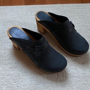 Sanita Black Leather Mules with Wooden Heel